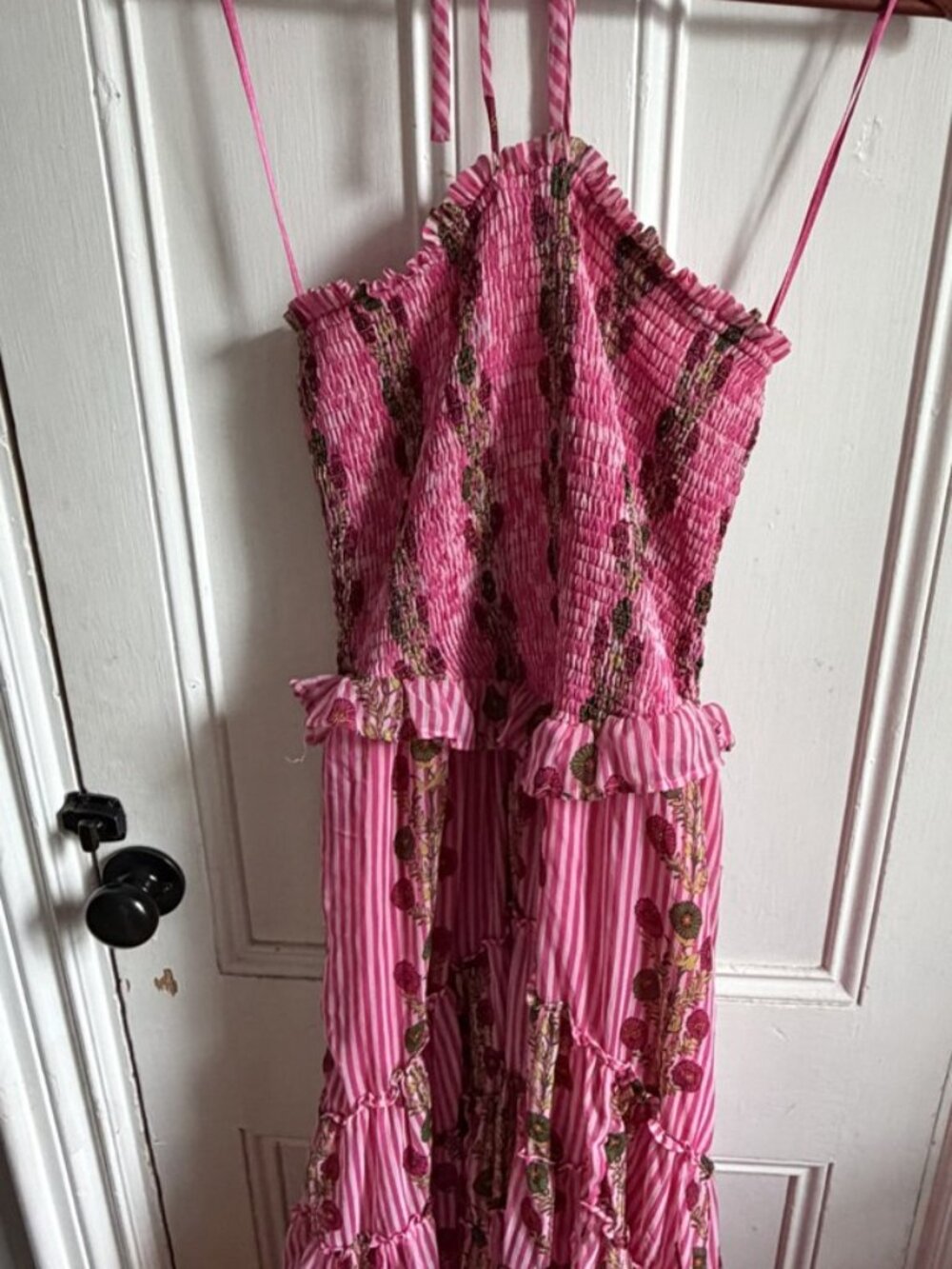 NWT Free People Alejandra Midi Dress Hot Pink Combo Smocked Halter Size L
